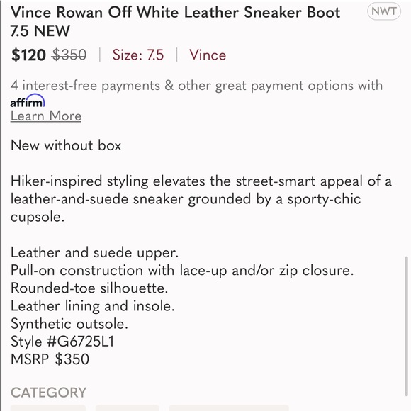 NWT Vince Rowan Off White Leather Sneaker Boot 7.5 - Picture 2 of 4